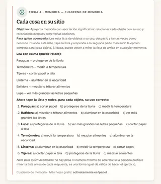 Ficha de memoria para imprimir: Cada cosa en su sitio