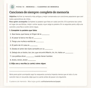 Ficha de memoria para imprimir: Canciones de siempre: complete de memoria