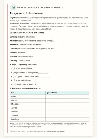 Ficha de memoria para imprimir: La agenda de la semana