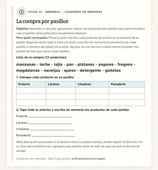 Ficha de memoria para imprimir: La compra por pasillos