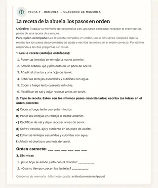 Ficha de memoria para imprimir: La receta de la abuela: los pasos en orden