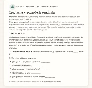 Ficha de memoria para imprimir: Lea, tache y recuerde: la vendimia