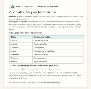Ficha de memoria para imprimir: Oficios de antes y sus herramientas