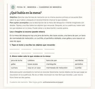 Ficha de memoria para imprimir: ¿Qué había en la mesa?