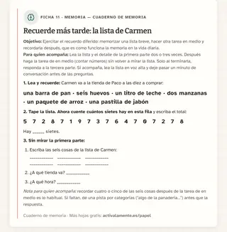Ficha de memoria para imprimir: Recuerde más tarde: la lista de Carmen