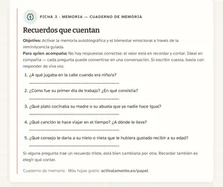 Ficha de memoria para imprimir: Recuerdos que cuentan