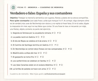 Ficha de memoria para imprimir: Verdadero o falso: España y sus costumbres