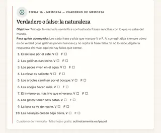 Ficha de memoria para imprimir: Verdadero o falso: la naturaleza